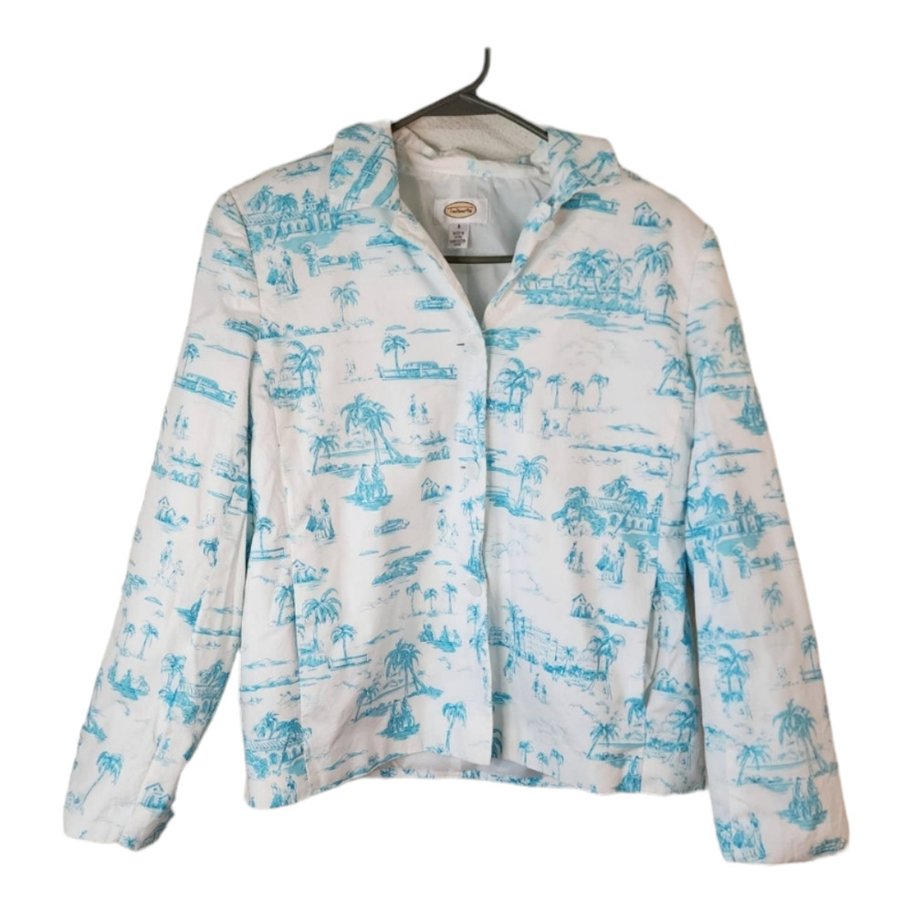 Vintage 90's Talbots White and Turquoise Beachy Toile Blazer - 6